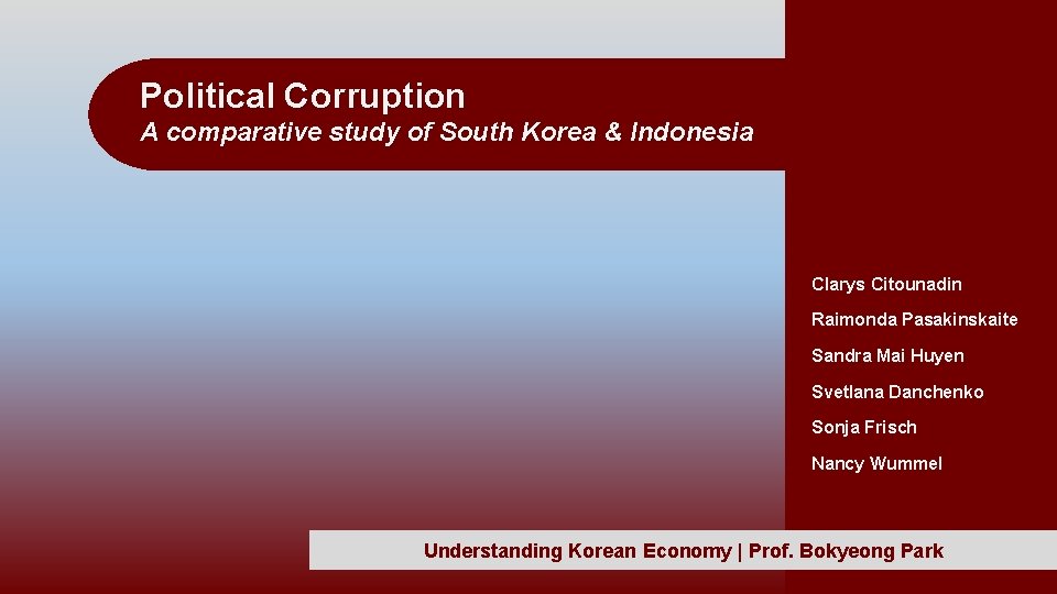 Political Corruption A comparative study of South Korea & Indonesia Clarys Citounadin Raimonda Pasakinskaite Political Corruption A comparative study of South Korea & Indonesia Clarys Citounadin Raimonda Pasakinskaite