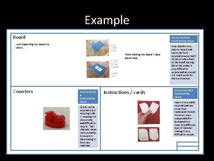 Example Board Environmental & Sustainability Issues I am modelling my board to show… From