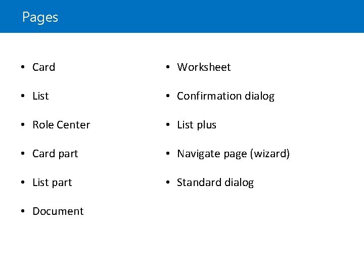 Pages • Card • Worksheet • List • Confirmation dialog • Role Center •