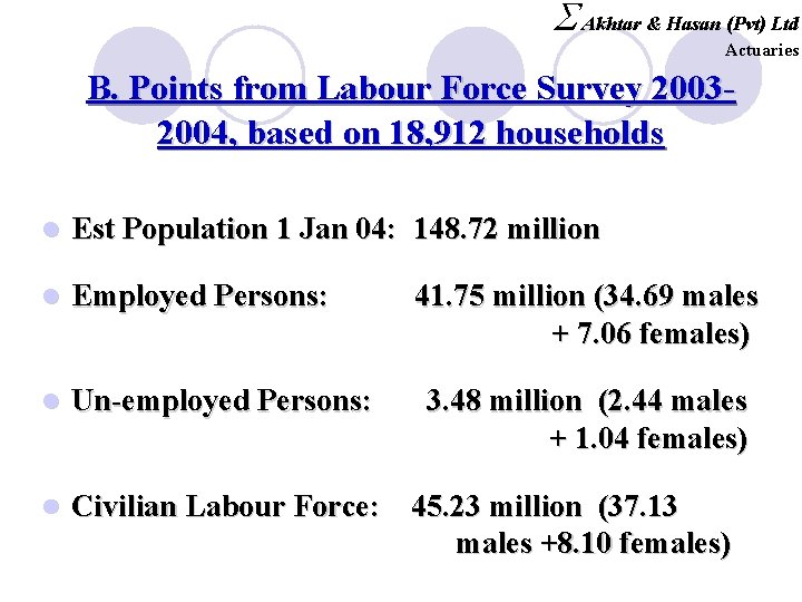 S Akhtar & Hasan (Pvt) Ltd Actuaries B. Points from Labour Force Survey 20032004,