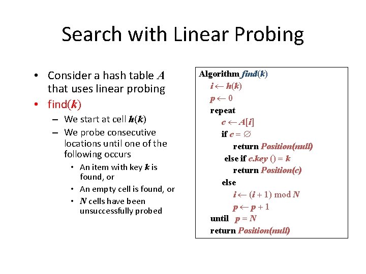 Search with Linear Probing • Consider a hash table A that uses linear probing