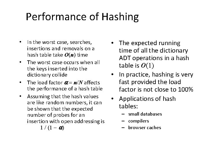 Performance of Hashing • In the worst case, searches, insertions and removals on a