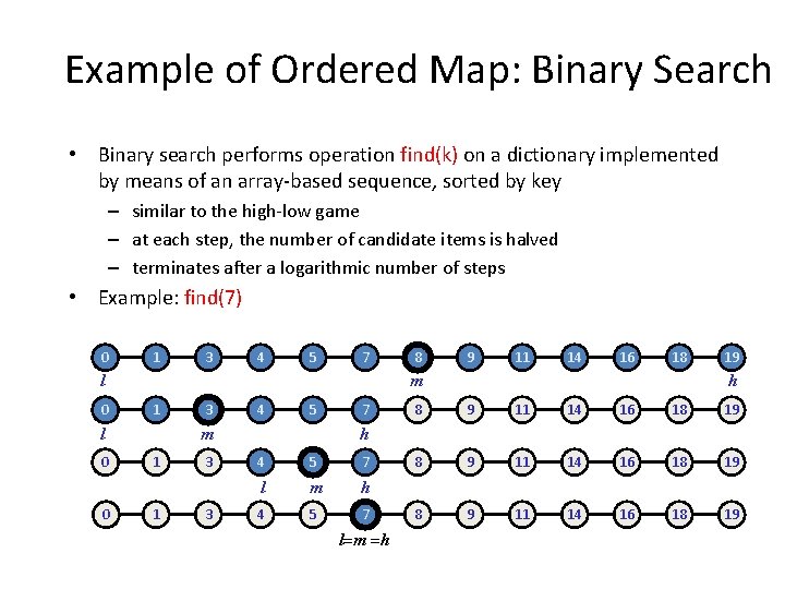 Example of Ordered Map: Binary Search • Binary search performs operation find(k) on a