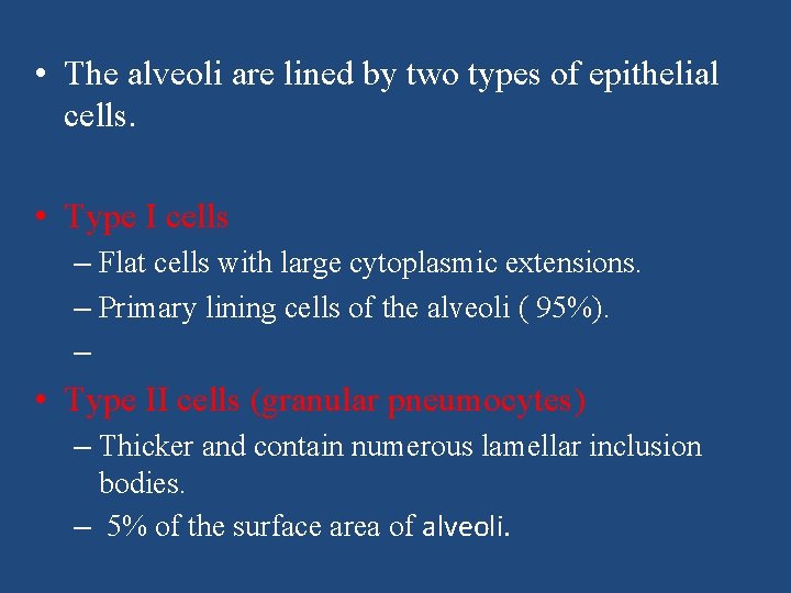  • The alveoli are lined by two types of epithelial cells. • Type