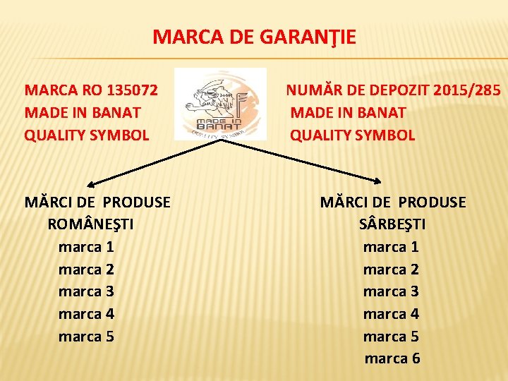  MARCA DE GARANŢIE MARCA RO 135072 MADE IN BANAT QUALITY SYMBOL NUMĂR DE