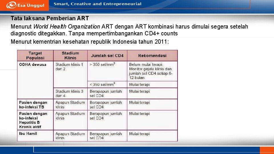 Tata laksana Pemberian ART Menurut World Health Organization ART dengan ART kombinasi harus dimulai