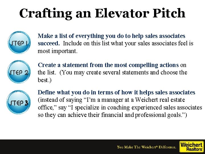 Crafting an Elevator Pitch Make a list of everything you do to help sales