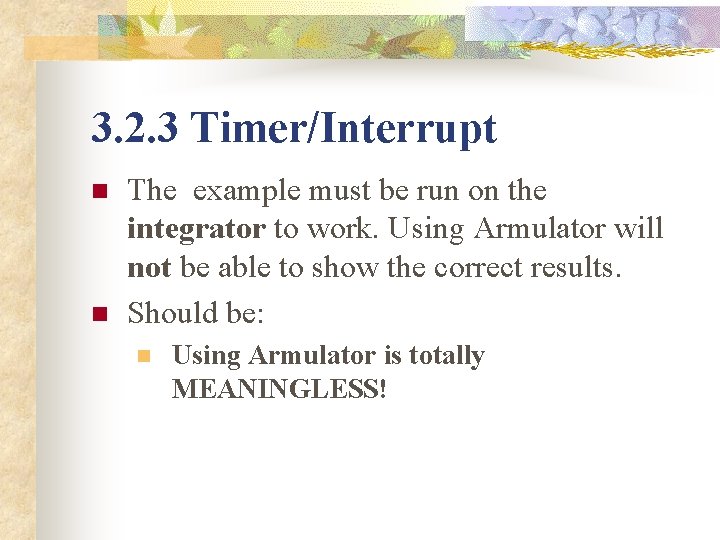 3. 2. 3 Timer/Interrupt n n The example must be run on the integrator