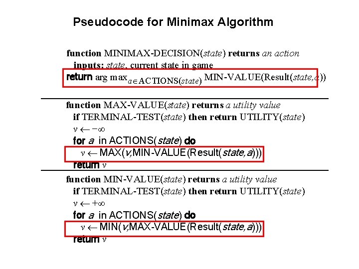 Pseudocode for Minimax Algorithm function MINIMAX-DECISION(state) returns an action inputs: state, current state in