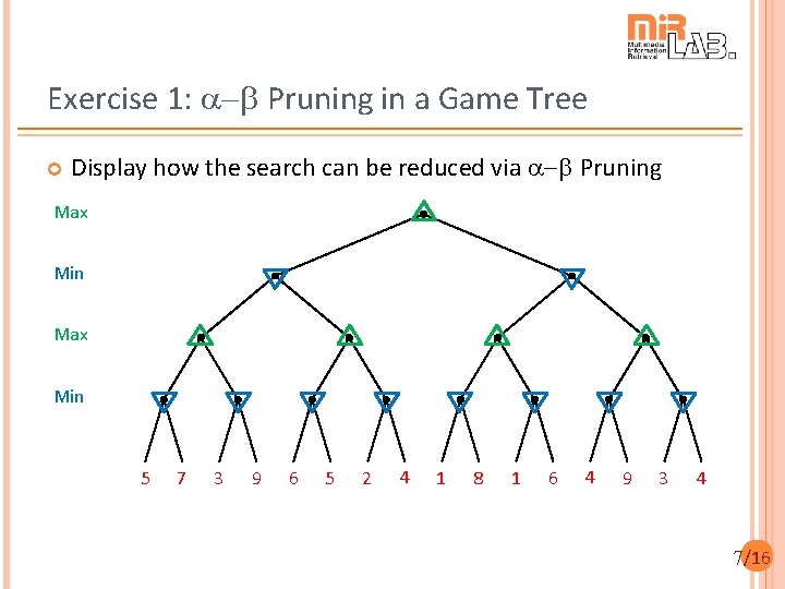 Exercise 1: a-b Pruning in a Game Tree Display how the search can be