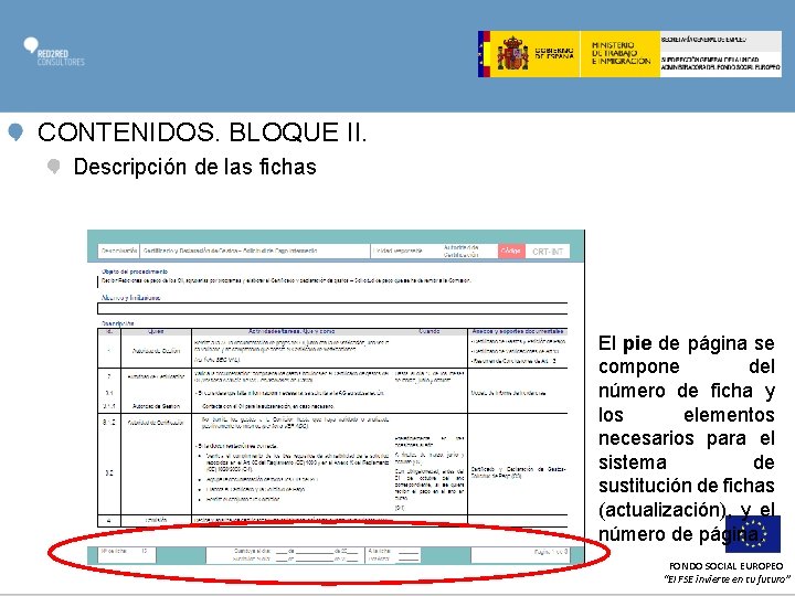 CONTENIDOS. BLOQUE II. Descripción de las fichas El pie de página se compone del