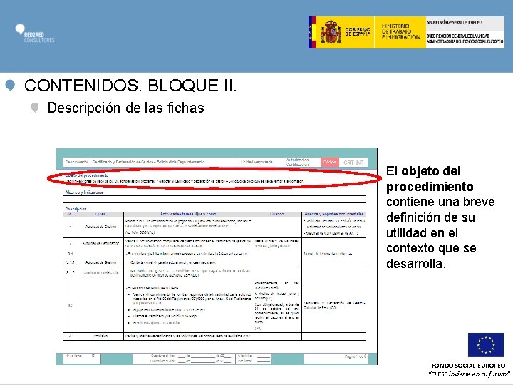 CONTENIDOS. BLOQUE II. Descripción de las fichas El objeto del procedimiento contiene una breve