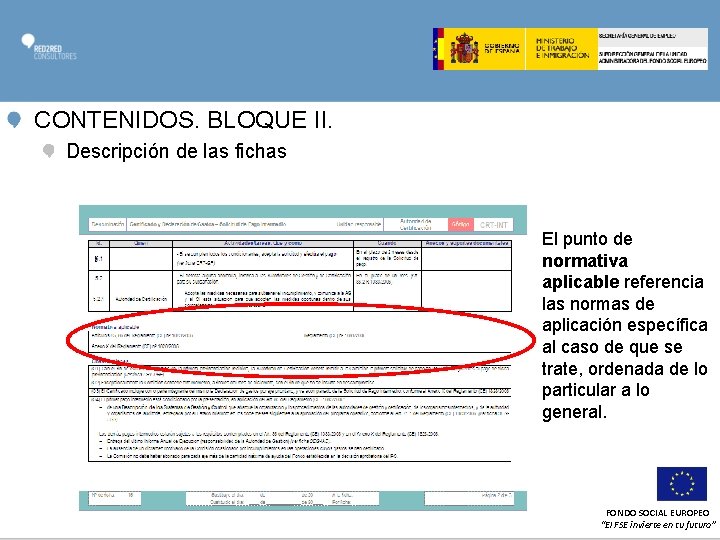 CONTENIDOS. BLOQUE II. Descripción de las fichas El punto de normativa aplicable referencia las