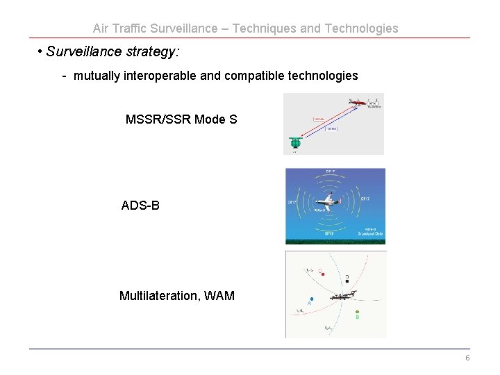 Air Traffic Surveillance – Techniques and Technologies • Surveillance strategy: - mutually interoperable and
