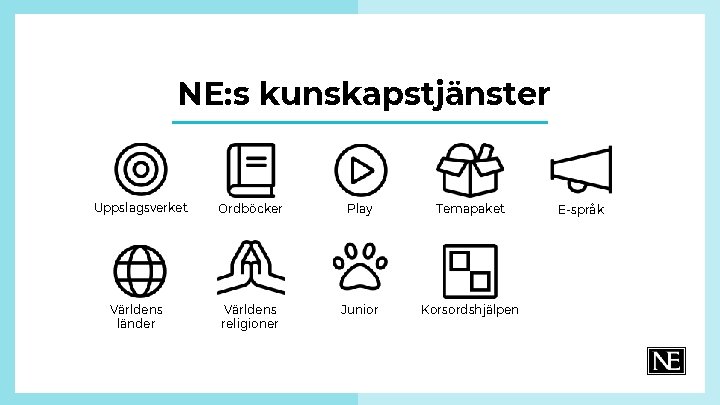 NE: s kunskapstjänster Uppslagsverket Världens länder Ordböcker Play Temapaket Världens religioner Junior Korsordshjälpen E-språk