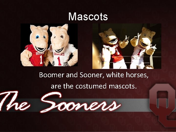 Mascots Boomer and Sooner, white horses, are the costumed mascots. 