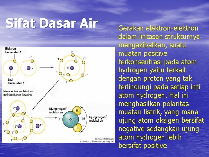 Sifat Dasar Air Gerakan elektron-elektron dalam lintasan strukturnya mengakibatkan, suatu muatan positive terkonsentrasi pada