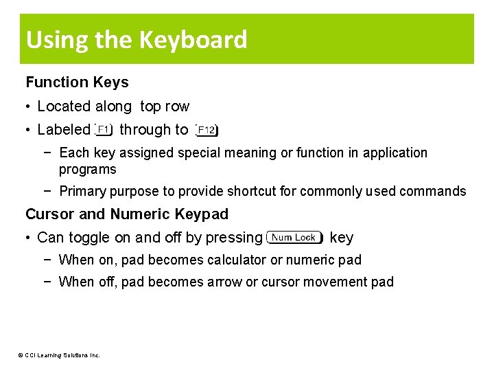 Using the Keyboard Function Keys • Located along top row • Labeled through to