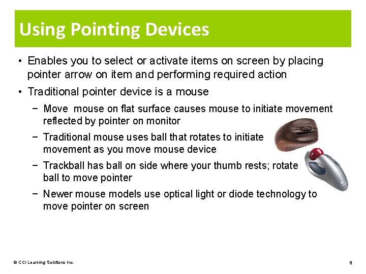 Using Pointing Devices • Enables you to select or activate items on screen by