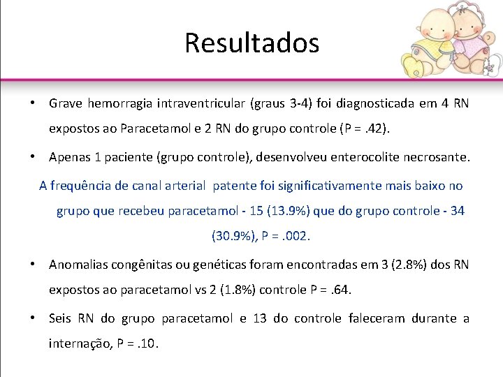 Resultados • Grave hemorragia intraventricular (graus 3 -4) foi diagnosticada em 4 RN expostos