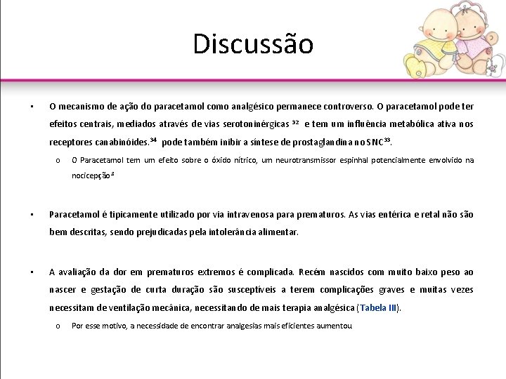 Discussão • O mecanismo de ação do paracetamol como analgésico permanece controverso. O paracetamol