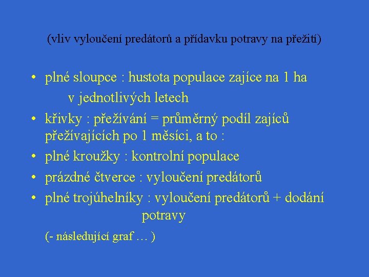 (vliv vyloučení predátorů a přídavku potravy na přežití) • plné sloupce : hustota populace