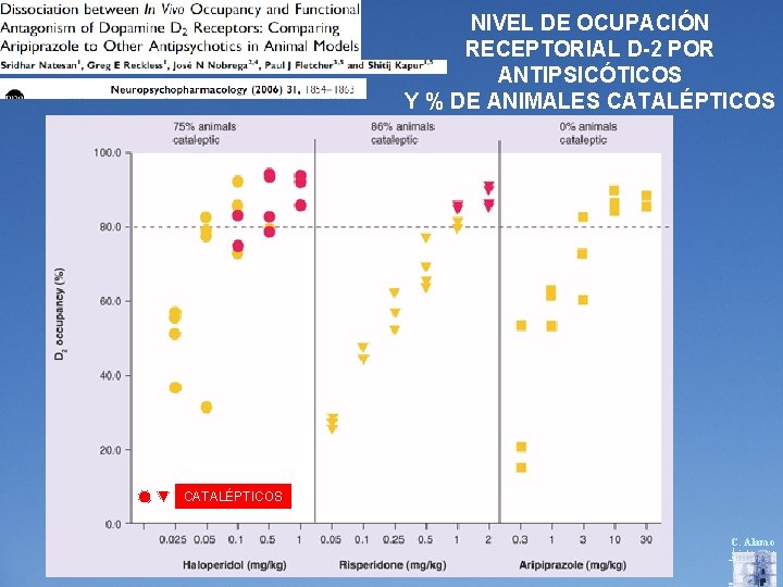 NIVEL DE OCUPACIÓN RECEPTORIAL D-2 POR ANTIPSICÓTICOS Y % DE ANIMALES CATALÉPTICOS C. Alamo