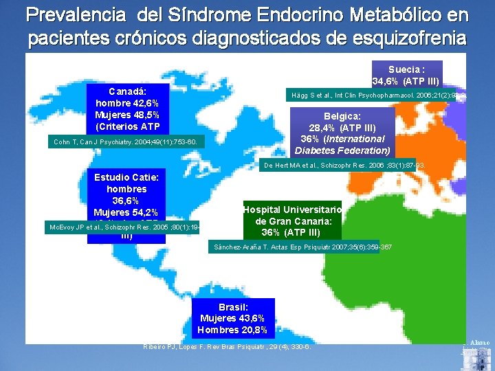 Prevalencia del Síndrome Endocrino Metabólico en pacientes crónicos diagnosticados de esquizofrenia Suecia : 34,