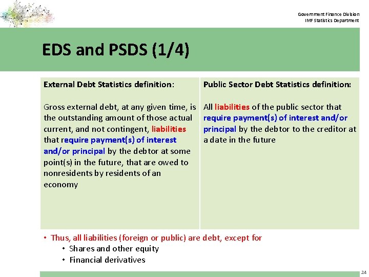 Government Finance Division IMF Statistics Department EDS and PSDS (1/4) External Debt Statistics definition: