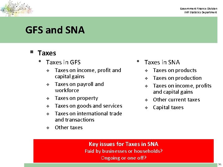 Government Finance Division IMF Statistics Department GFS and SNA § Taxes • Taxes in