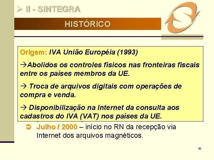 Ø II - SINTEGRA HISTÓRICO Ü Marco Inicial – Inicial Maio/1997 Origem: IVA União