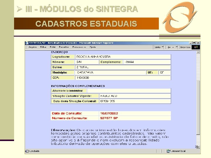 Ø III - MÓDULOS do SINTEGRA CADASTROS ESTADUAIS 33 