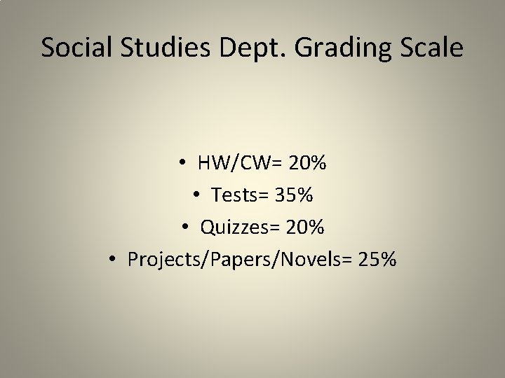 Social Studies Dept. Grading Scale • HW/CW= 20% • Tests= 35% • Quizzes= 20%
