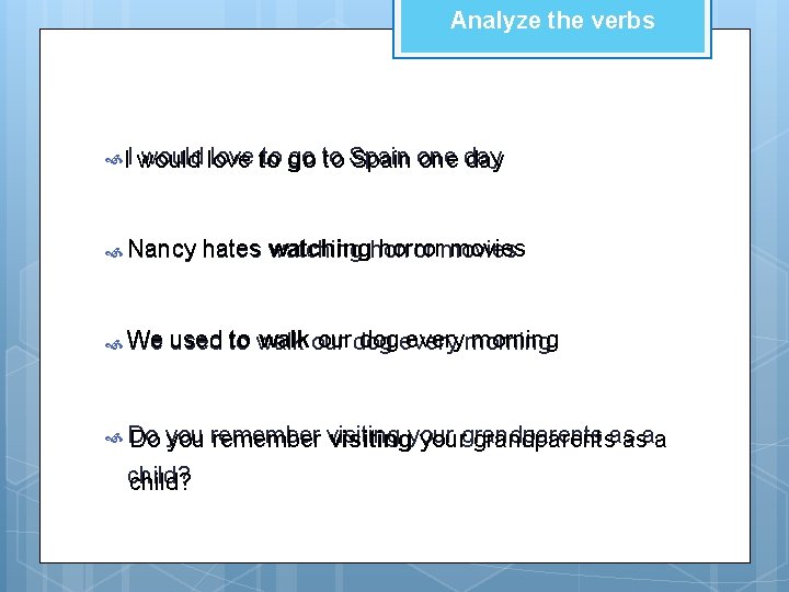 Analyze the verbs II would love to to Nancy We go to Spain one