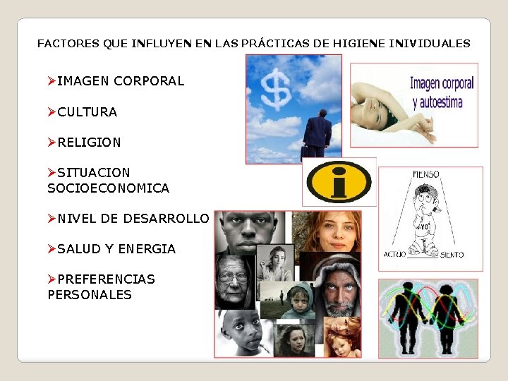 FACTORES QUE INFLUYEN EN LAS PRÁCTICAS DE HIGIENE INIVIDUALES ØIMAGEN CORPORAL ØCULTURA ØRELIGION ØSITUACION