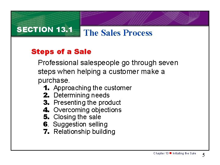 SECTION 13. 1 The Sales Process Steps of a Sale Professional salespeople go through SECTION 13. 1 The Sales Process Steps of a Sale Professional salespeople go through