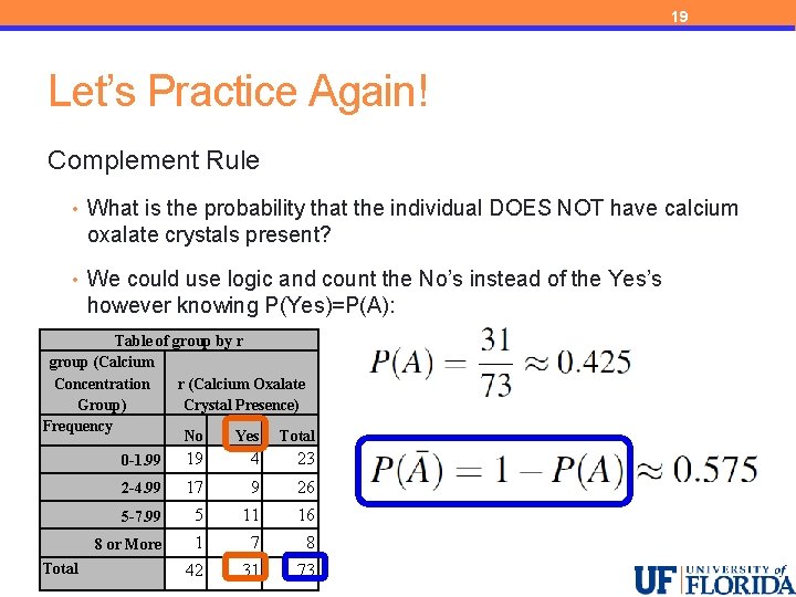 19 Let’s Practice Again! Complement Rule • What is the probability that the individual