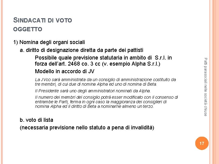 SINDACATI DI VOTO OGGETTO La JVco sarà amministrata da un consiglio di amministrazione costituito