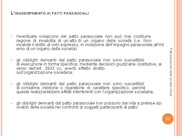 L’INADEMPIMENTO AI PATTI PARASOCIALI § § gli obblighi derivanti dal patto parasociale non sono