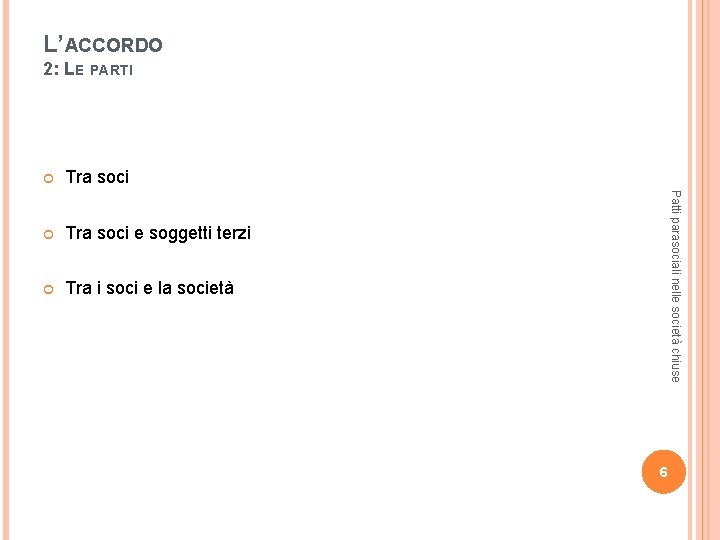 L’ACCORDO 2: LE PARTI Tra soci e soggetti terzi Tra i soci e la