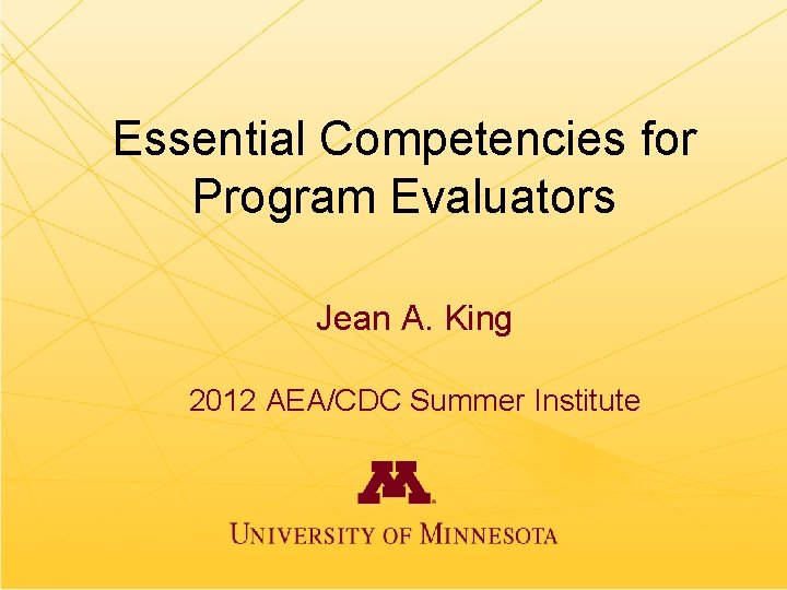 Essential Competencies for Program Evaluators Jean A. King 2012 AEA/CDC Summer Institute 