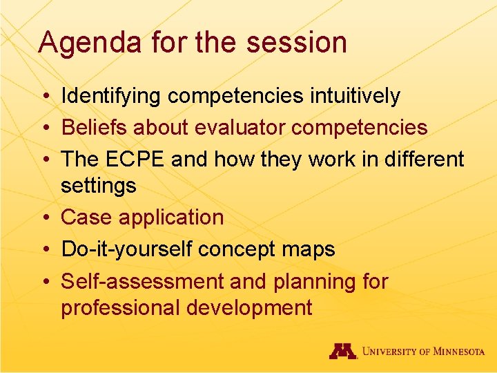 Agenda for the session • Identifying competencies intuitively • Beliefs about evaluator competencies •