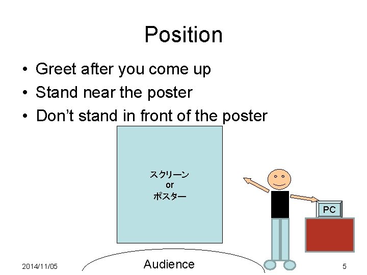 Position • Greet after you come up • Stand near the poster • Don’t