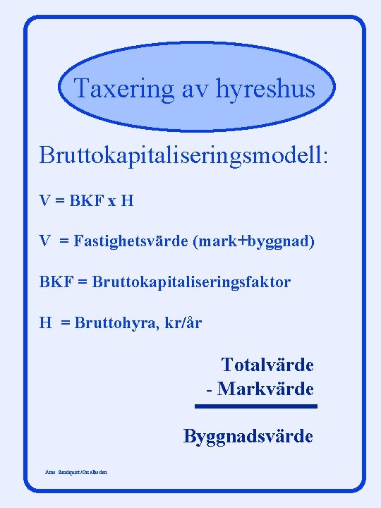 Taxering av hyreshus Bruttokapitaliseringsmodell: V = BKF x H V = Fastighetsvärde (mark+byggnad) BKF