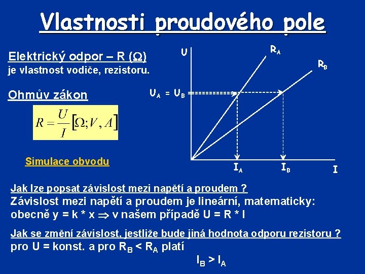 Vlastnosti proudového pole RA U Elektrický odpor – R ( ) RB je vlastnost