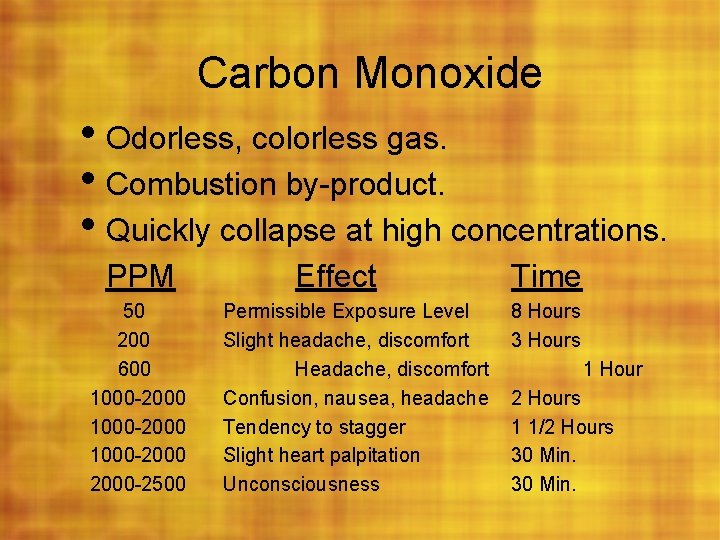 Carbon Monoxide • Odorless, colorless gas. • Combustion by-product. • Quickly collapse at high