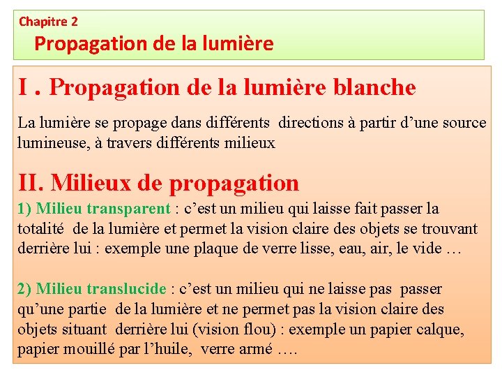 Chapitre 2 Propagation de la lumière I. Propagation de la lumière blanche La lumière