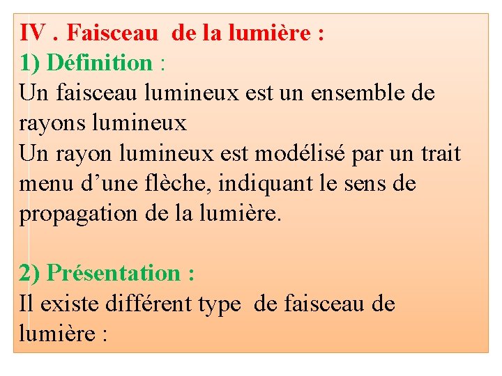 IV. Faisceau de la lumière : 1) Définition : Un faisceau lumineux est un