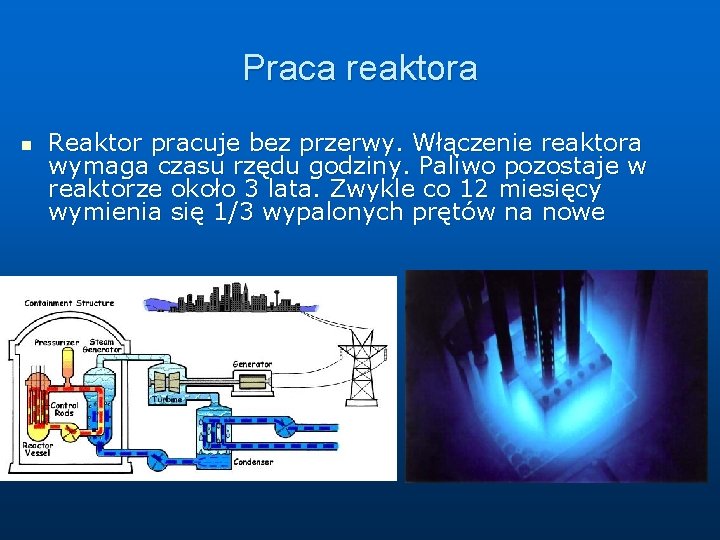 Praca reaktora n Reaktor pracuje bez przerwy. Włączenie reaktora wymaga czasu rzędu godziny. Paliwo