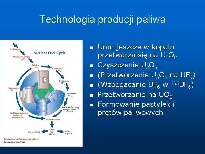 Technologia producji paliwa n n n Uran jeszcze w kopalni przetwarza się na U